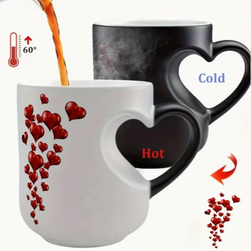 Love Themed Ceramic Mug Warm And Color Changing Heart-shaped Handle Coffee Cup Romantic Valentine's Day Surprise Gift Tea Cup