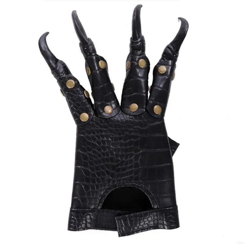 

P88A Halloween Dragon Claw Gloves Metal Studded Long Nails Artificial Leather Mittens