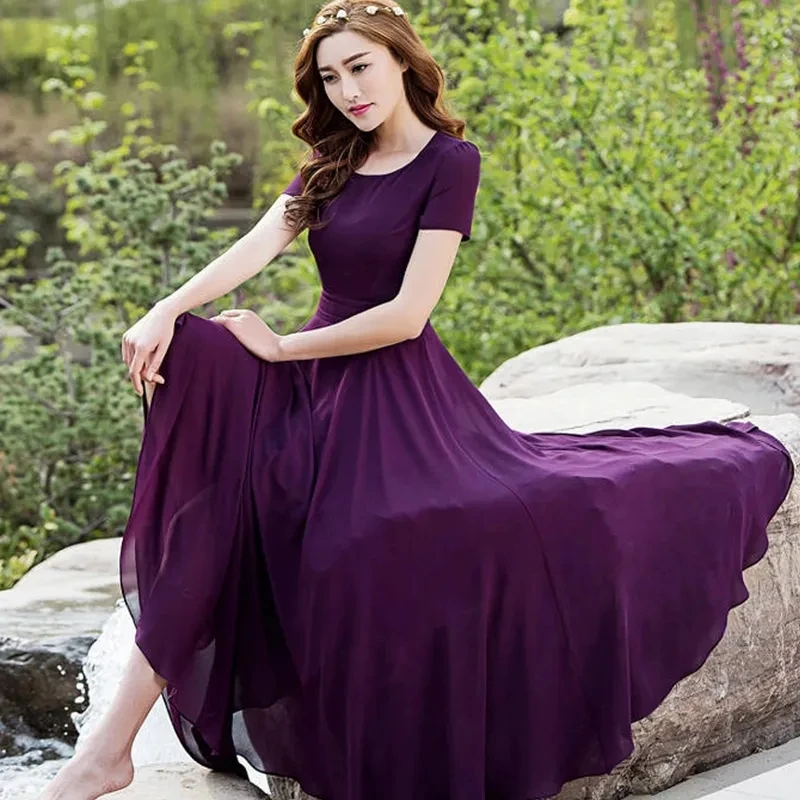 Letnia sukienka damska 2025 nowa artystyczna plaża długa szyfonowa sukienka eleganckie damskie z krótkim rękawem 5XL Sundress odzież damska Vestidos