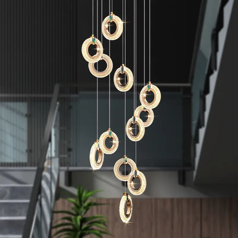 Modern hanging chandelier Gold lustre Ring Acrylic Attic chandelier duplex stair living room dining room led ceiling chandelier