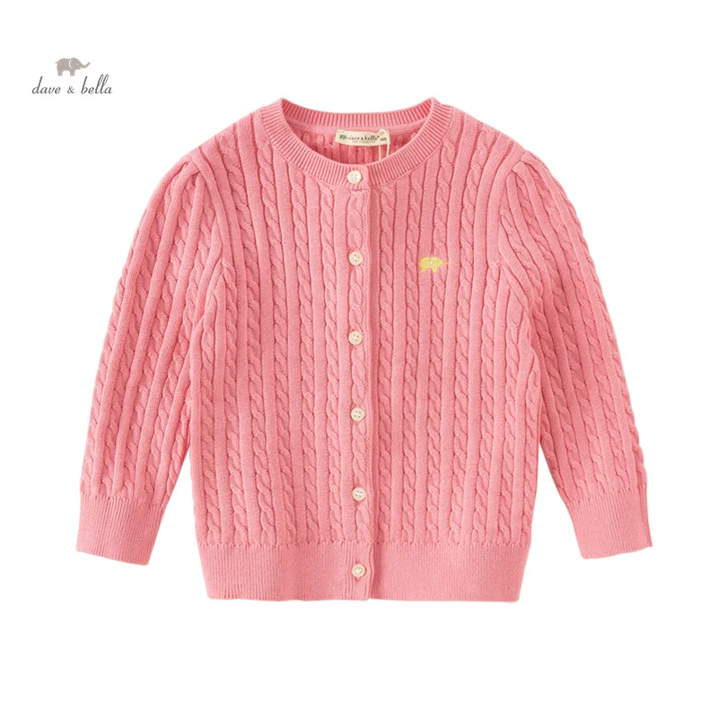 Dave Bella Children's Girls 2024 New Autumn Fashion Casual Classy Sweet Cute Cardigan Knit Overcoat Tops Cotton DB3243397