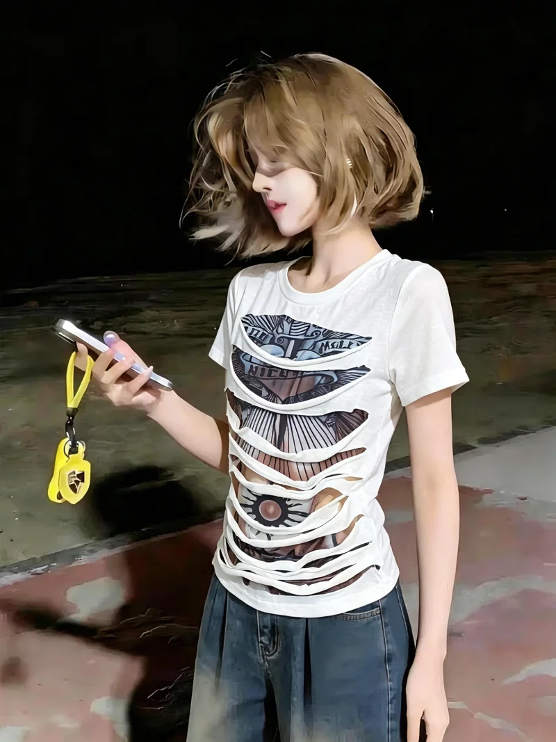 

Chic American Hot Girl Print Hole Short Sleeve T-Shirt Women's Summer New Design Self-kept Style Korean Straight Cut Silk Top