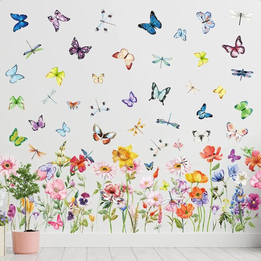 

6 Pcs Flowers Wall Decals Stickers Vinyl Removable Peel and Stick Colorful Dragonflies Floral Wall Murals Decor for Bedroom Liv