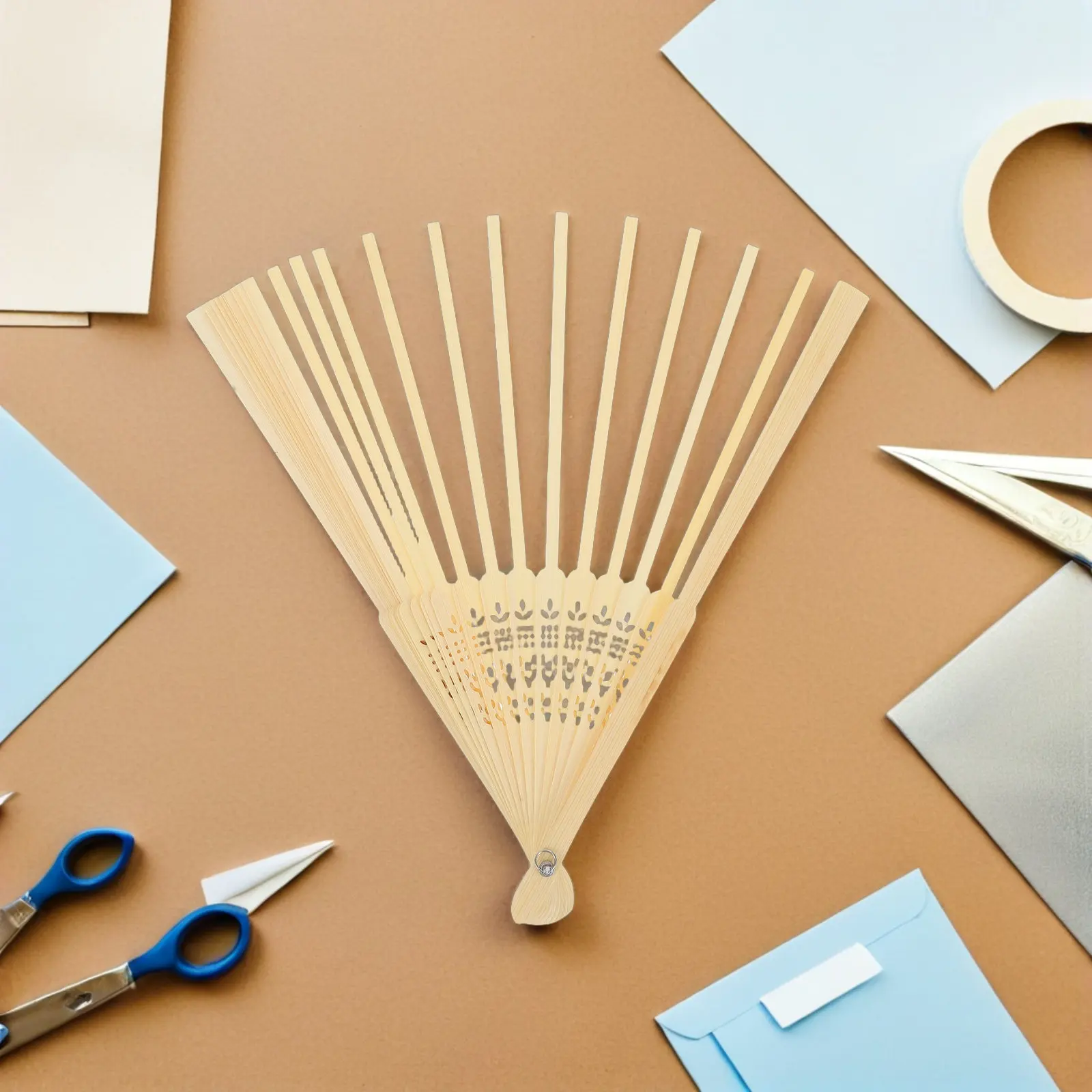 4pcs DIY Hand Fan Frame Unfinished  Japanese Bamboo Folding Fan Craft Kit for Home Decor Party Wedding Beige with Gold Nail Acce
