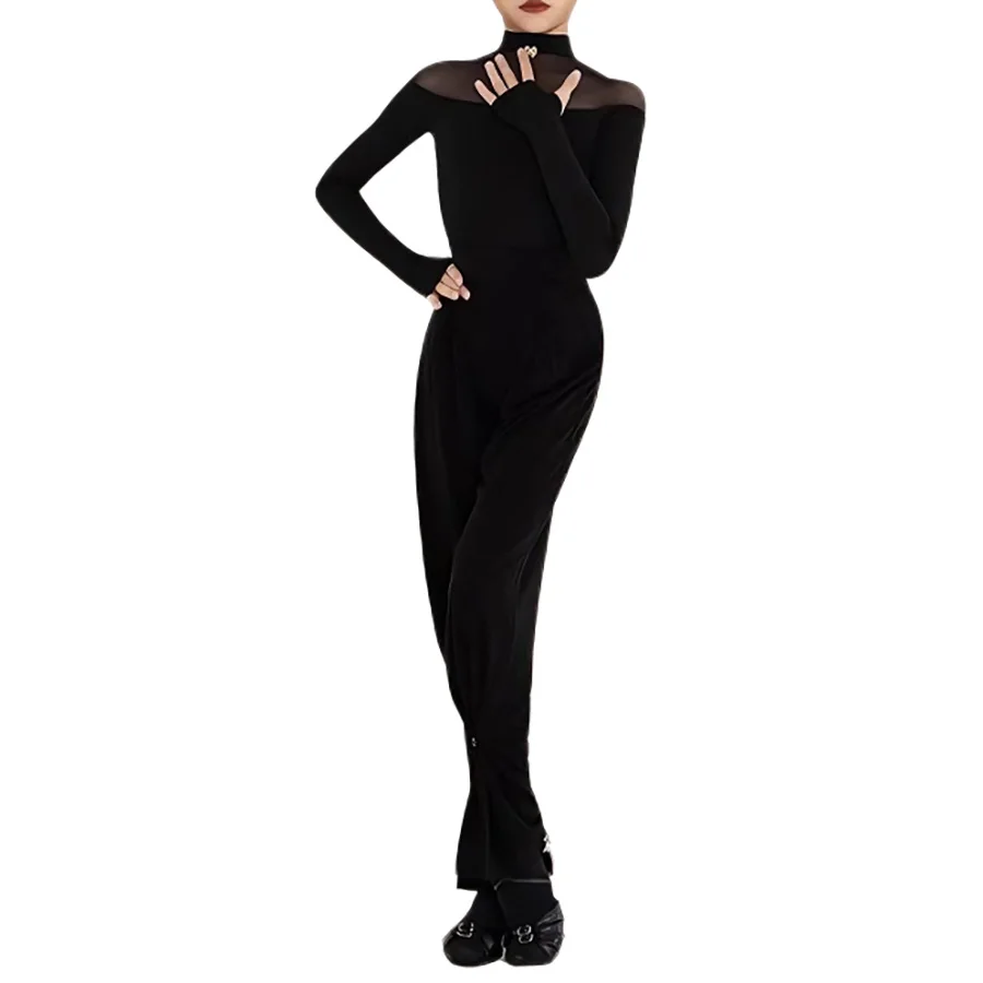 National Standard Dance Clothes Girls Latin Practice Wear Black Tops Pants Long Sleeves Ballroom Dance Training Outfits