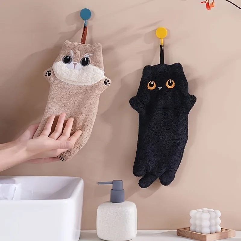 2-Pack of Randomly Colored Cat-Shaped Hand Towels, Coral Fleece, Comfortable, Soft, Absorbent, Quick-Drying, Hanging Hand Towels for Kitchen and Bathroom, Essential for Home Cleaning