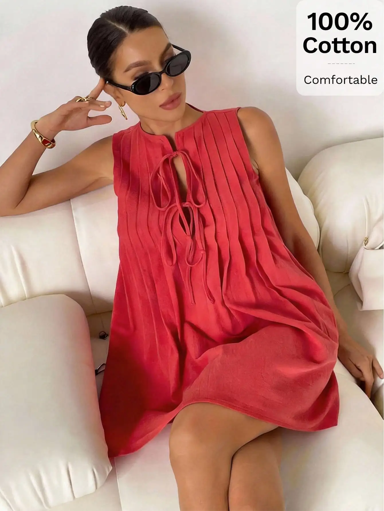 

Женское красное мини-платье без рукавов с завязками спереди - 100% хлопок