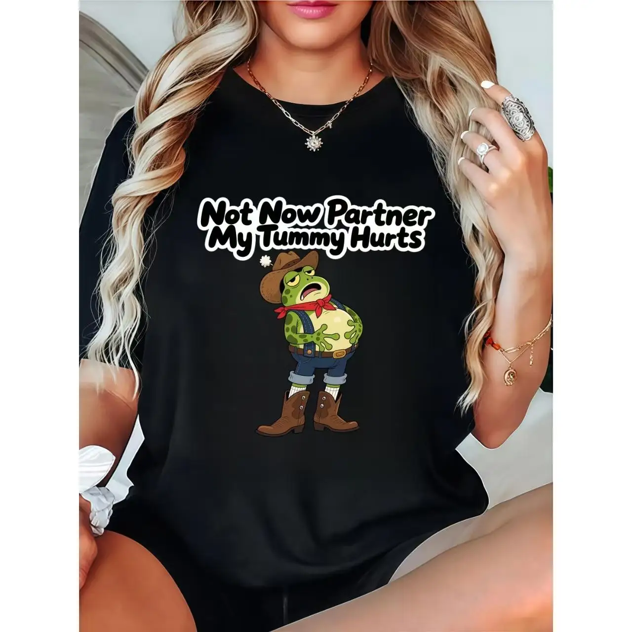 

Funny Cowboy Frog T-Shirt for Women, "My Tummy Hurts" Graphic Tee, Sarcastic Humorous Casual Streetwear Top