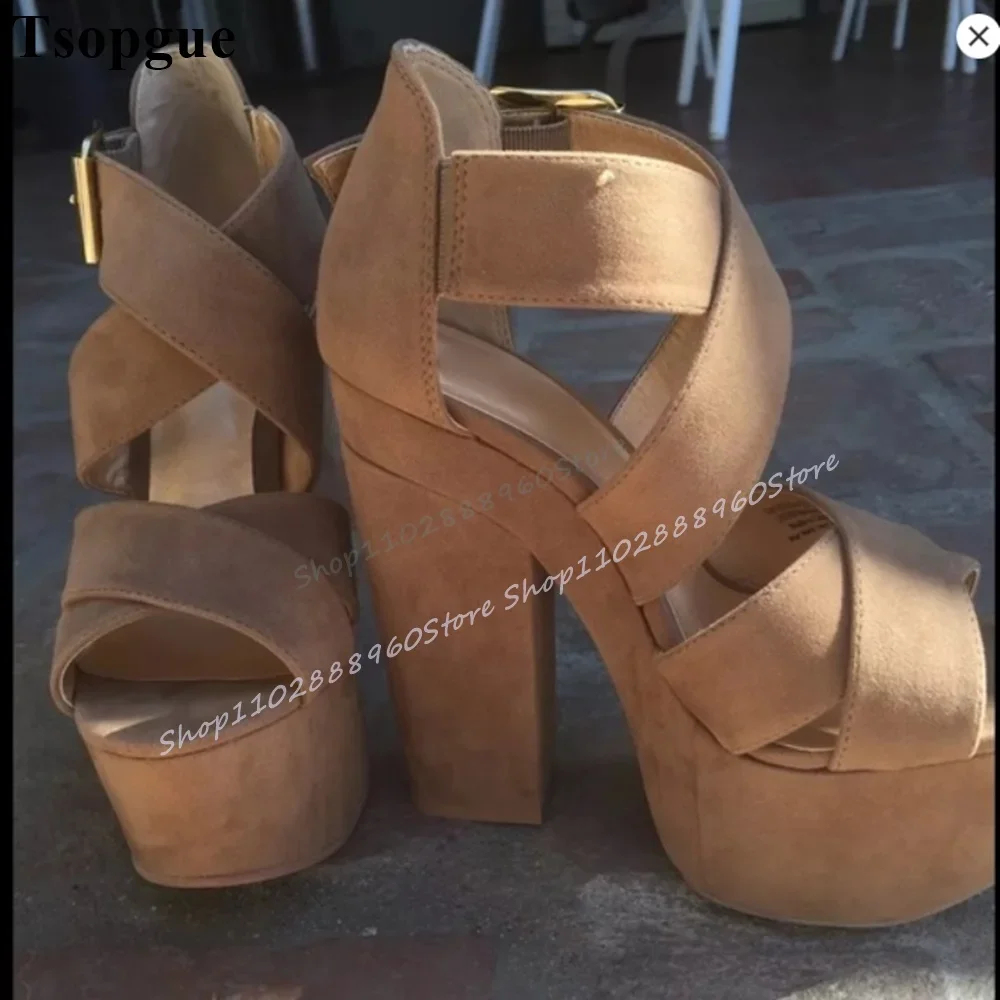 

Stylish Solid Flock Cross Band Platform Sandals Thick Heel Shoes For Women Ankle Buckle Strap Open Toe 2025 Zapatos Para Mujere