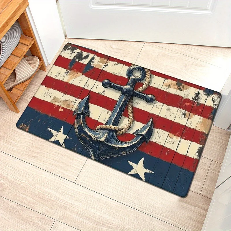 1pc Flannel Thickened 0.47inch Ocean Style Welcome Mat, Vintage Anchor Decorative Door Mat, Non-Slip Mat Floor Mat Suitable for