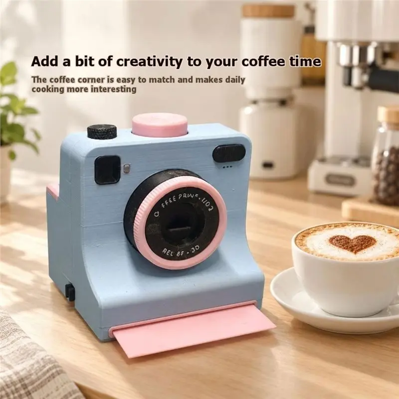 ABUN-One Touch Press+ 4 Stencils 3D Printed Latte Camera Vintage Look Style Replaceable Cards DIY Latte Art Camera Tool