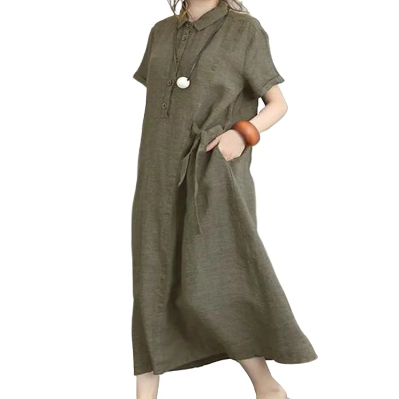 New POLO Collar Cotton Linen Short Sleeved Loose Pocket Temperament Women's Casual Dress Black Summer Dress Women White Dress