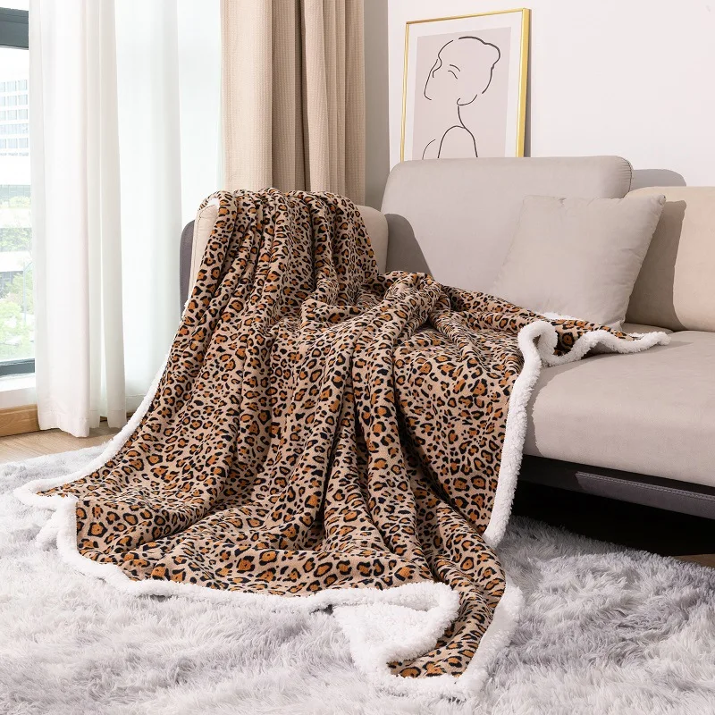 

European and American Leopard Print Coral Fleece Blanket Double Layered Thickened Warm Office Blanket 150X200Cm Single Bedspread