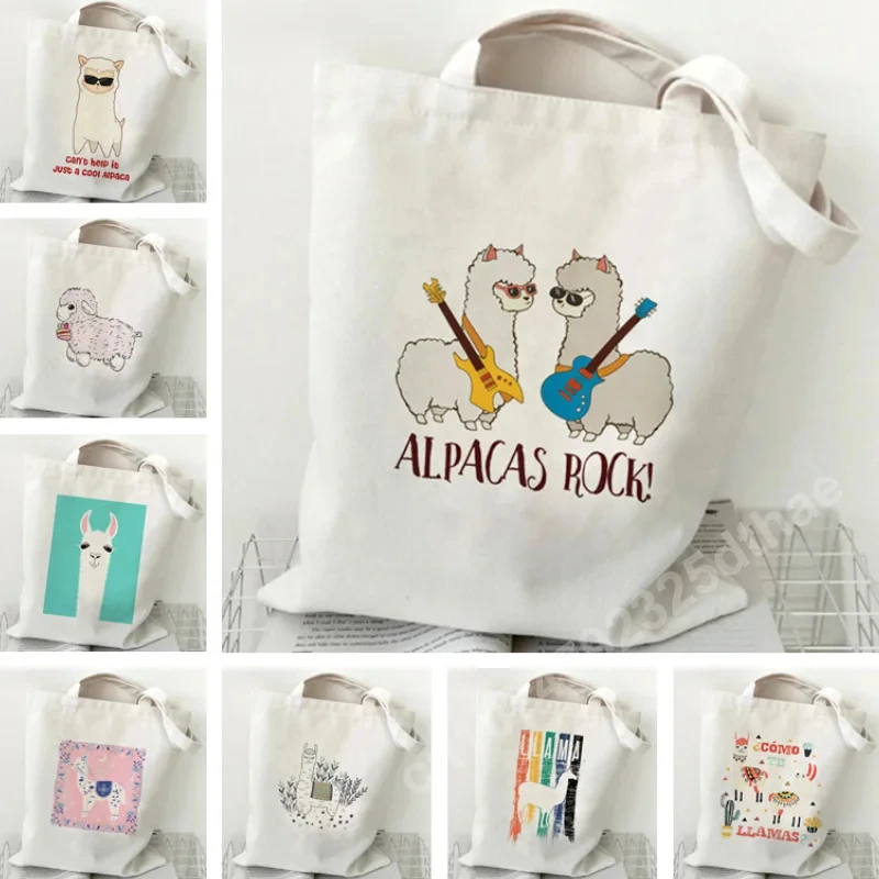 Cute Alpaca Pattern Womens Shoulder Bag Large Capacity White Shopping Bag Cartoon Animal Print Handbag Canvas Handbag