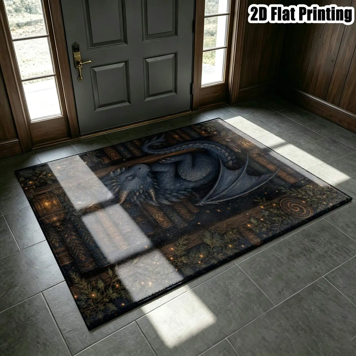 1Pc 2D Printed Blue Dragon Retro Carpet: Fits European, Bohemian Decor, Various Sizes, Machine Washable, Ideal for Entrance, Dining Room, Foyer, Bedroom, Study
