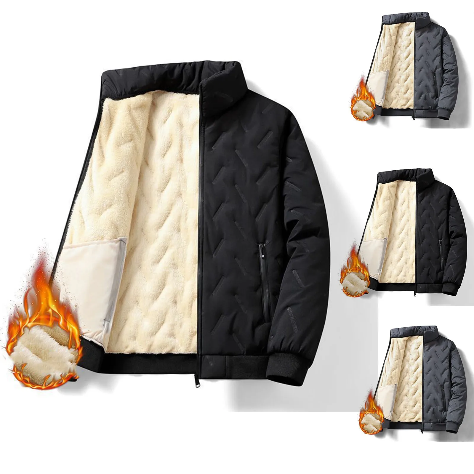Men's Zipper Stand Collar Jacket Winter Wool Cotton Warm Coat Windproof Casual Outerwear Classic Loose-Fit Jacket Streetwear