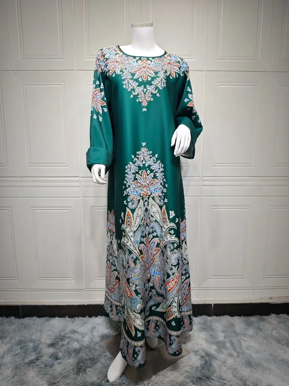 Muslim Women Dubai Abaya Print Dress Pearls Vestidos Party Long Robe Morocco Kaftan Eid Ramadan Modest Dresses Jalabiya Abayas