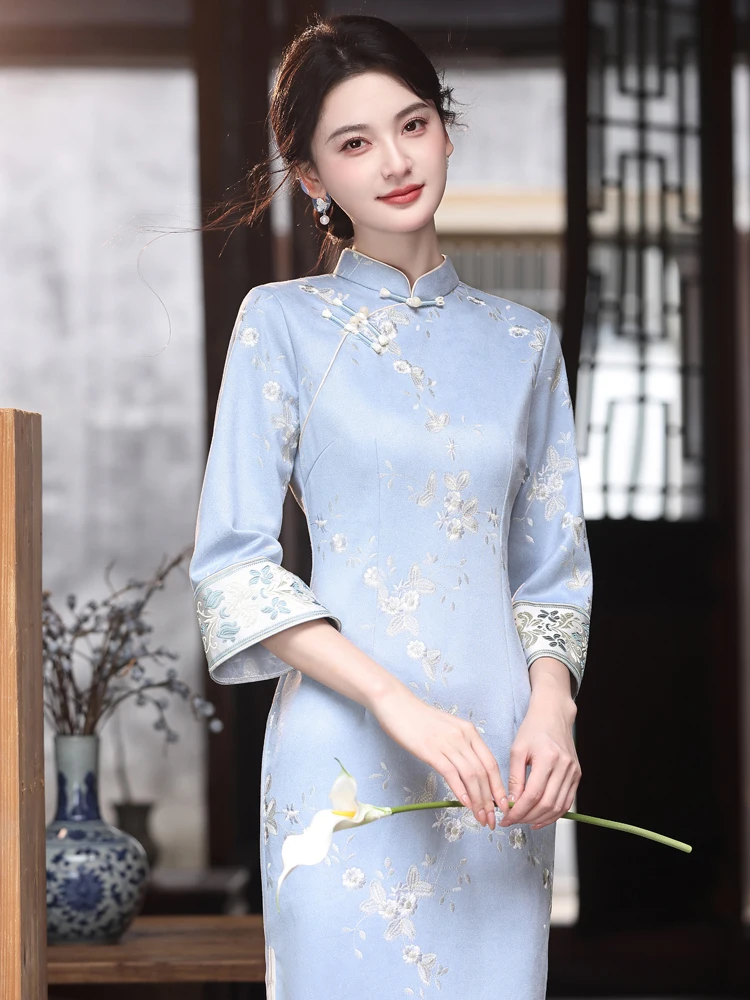 

Синее вышитое платье с длинными рукавами для женщин, повседневная одежда в китайском традиционном стиле