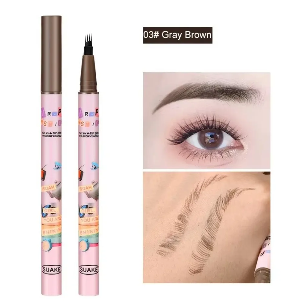 กันน้ํา 4 สีปากกาเขียนคิ้ว 4 เคล็ดลับส้อม Natural Dark Brown Liquid Eye Brow ดินสอเครื่องสําอางค์ Long Lasting Eyebrow Tattoo ดินสอ