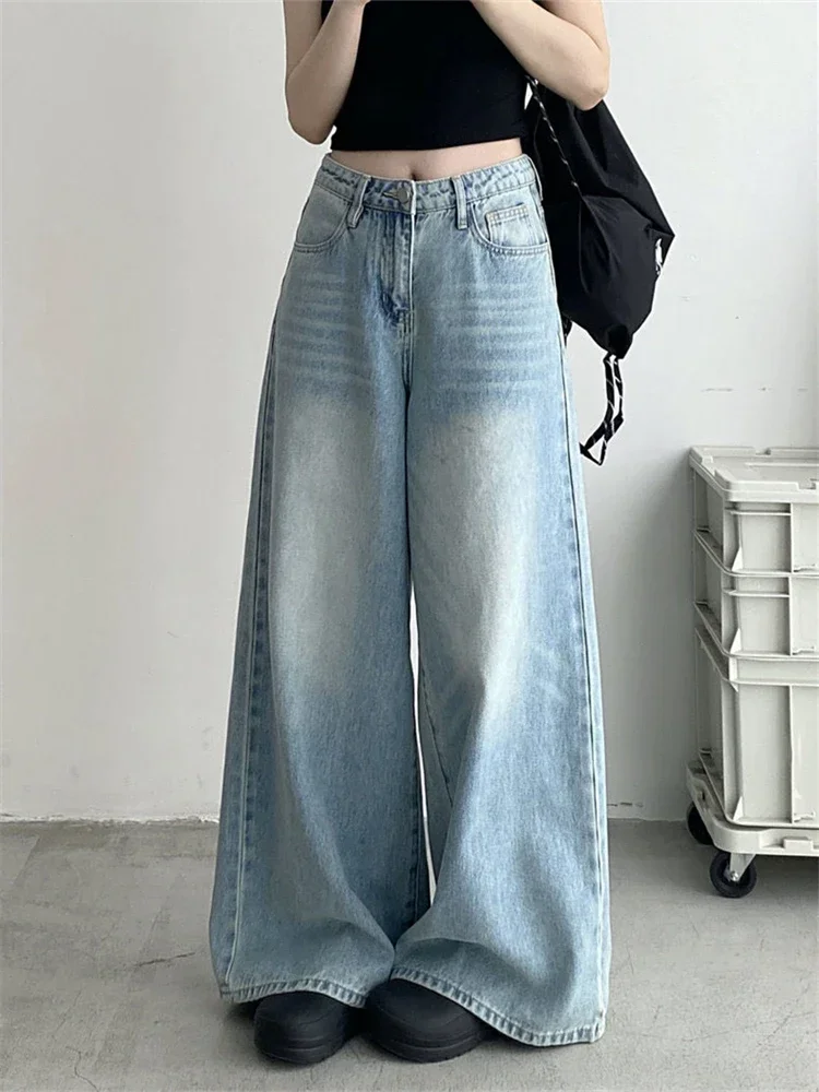 Women's Polish White Scratch Pattern Light Blue Wide Leg Jeans Cool Girl Fashion Straight Denim Trousers Female High Waist Pants