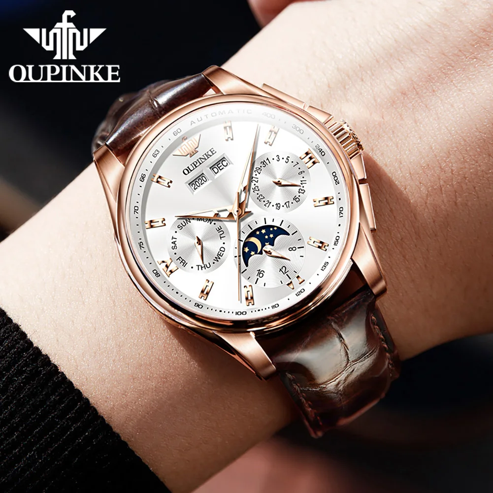OUPINKE Men's Watches Casual Trend Leather Strap Original Automatic Mechanical Watch for Man Waterproof Moon Phase Calendar New
