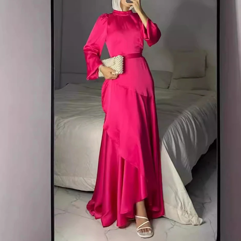 فستان سهرة من الساتان الإسلامي برقبة دائرية وخصر عالٍ أنيق وأكمام واسعة بلون سادة على شكل حرف a فستان مكشكش غير منتظم