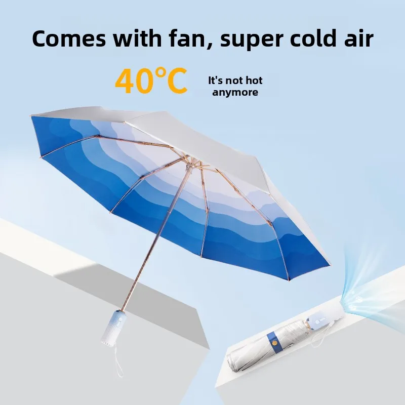 Cooling Fan Sun Umbrella with UV Protection Portable Folding Rain Parasol Built in Fan Summer Canopy Lightweight Travel Umbrella