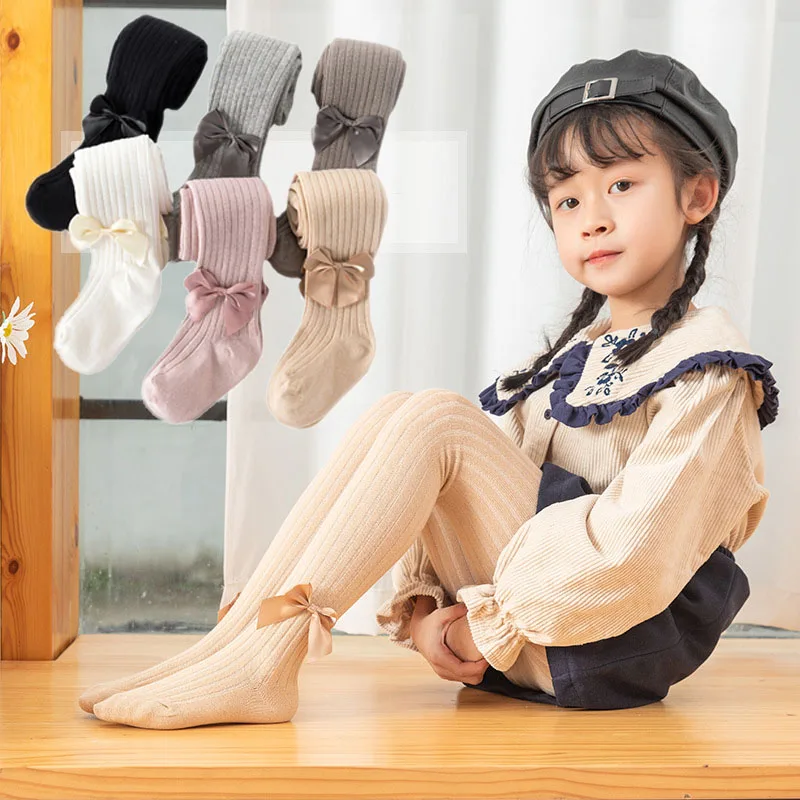 

Spring New Baby Girl Socks Stockings Soft Cotton Solid Color Cute Bowknot Girls Tights Stretch Knitting Kids Pantyhose 0-10Years