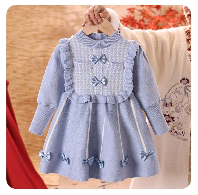 Girls Kids Winter Warm Dress For Little Girl Purple Pink Red Spring Festival Christmas Knitted Sweater Dress 2-10 Years Old