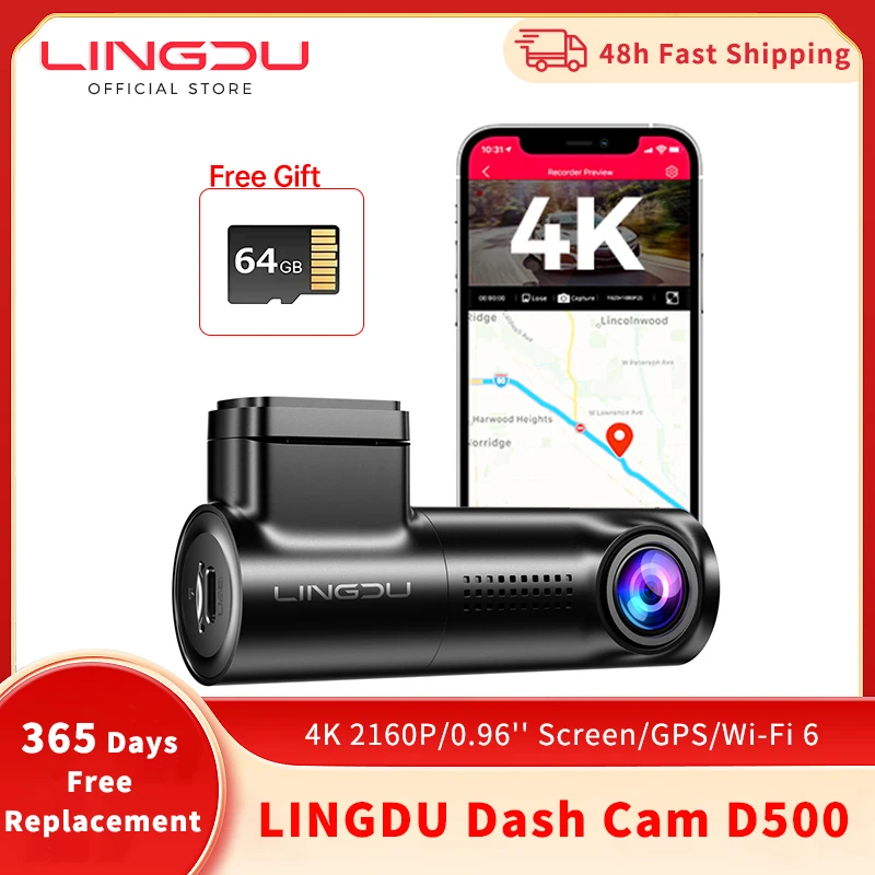 LINGDU D500 Dash Cam 4K 2160P UHD Car DVR WiFi Camera Built in GPS Voice Control 24H Parking Monitor Night Vision