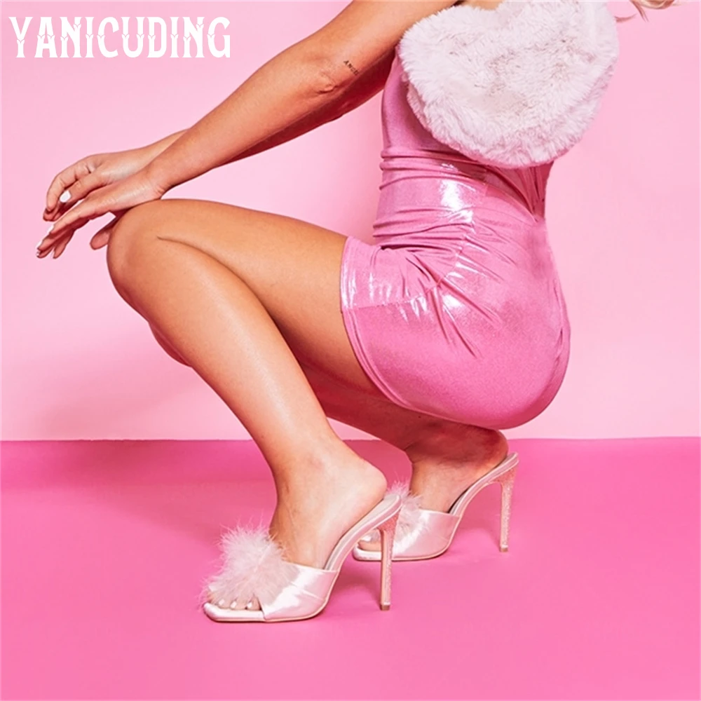 Pink Satin Rhinestone Stiletto Mules Cute Pink Fur Ball Slippers Fashion Style Handmade Shining Crystal Women's Summer Slippers