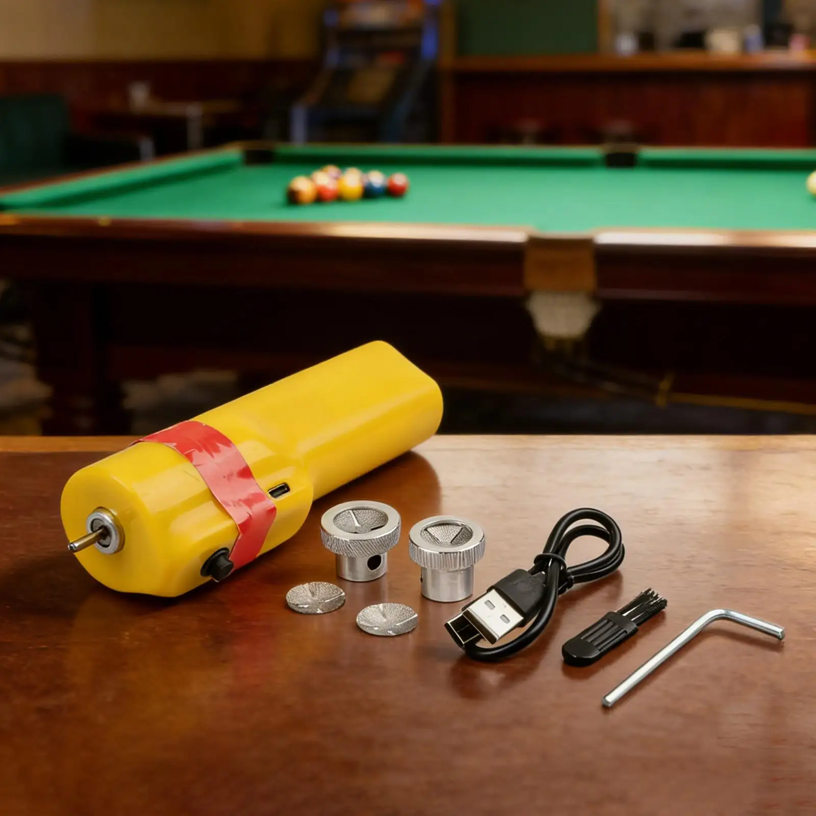 

Electric Cue Tip Shaper Tool for Snooker Pool Billiards Featuring Interchangeable Grinding Discs and Curved Tip Trimming