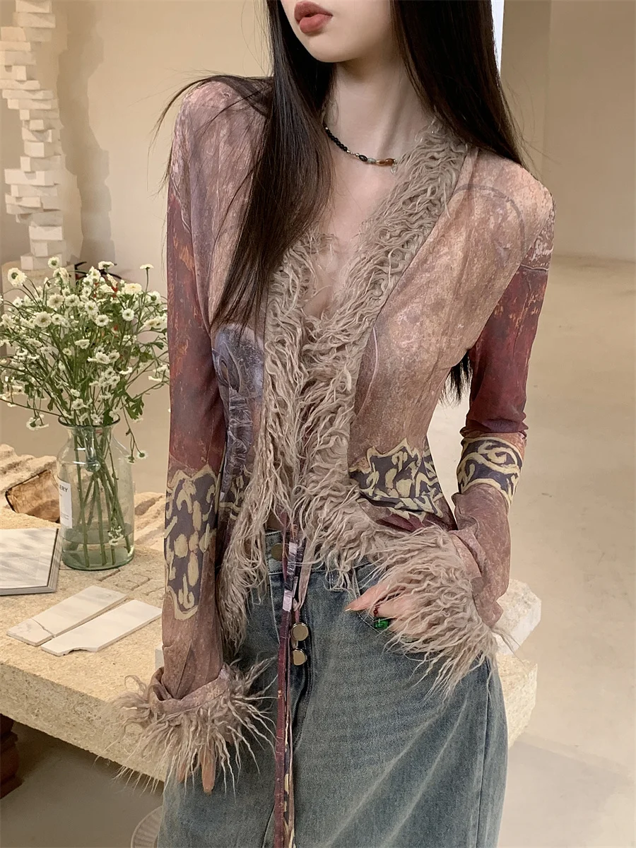 CHEERART 2024 Spring Fur Collar Cardigans Coats Jackets Clothes Women Mesh Ethnic V Neck See Through Designer Fashion Coat