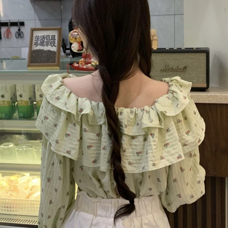 Slash Neck Blouses Women Floral Gentle Prairie Chic Flare Sleeve Temper French Style Ruffles Sweet Spring Simple Mujer Fashion