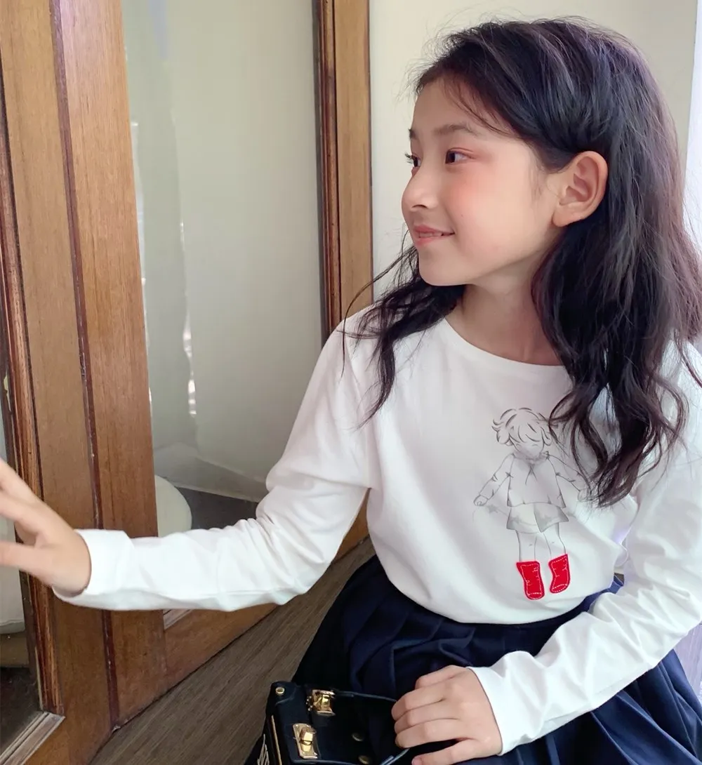 الخريف الاطفال قمم طفلة الملابس الكرتون فتاة صغيرة نمط بسيط الحلو طويلة الأكمام تي شيرت القطن جولة الرقبة أعلى