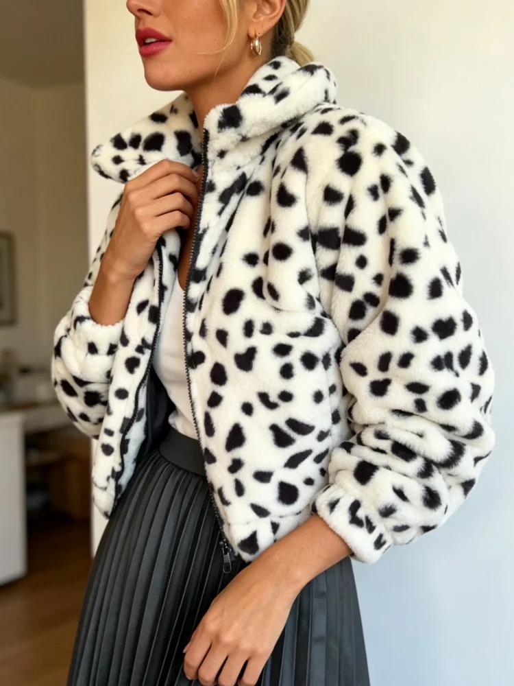 Women Cropped Faux Fur Coat Dalmatian Spotted Print Zip Up Stand Collar Fluffy Short Jacket Casual Going Out Winter Outerwear