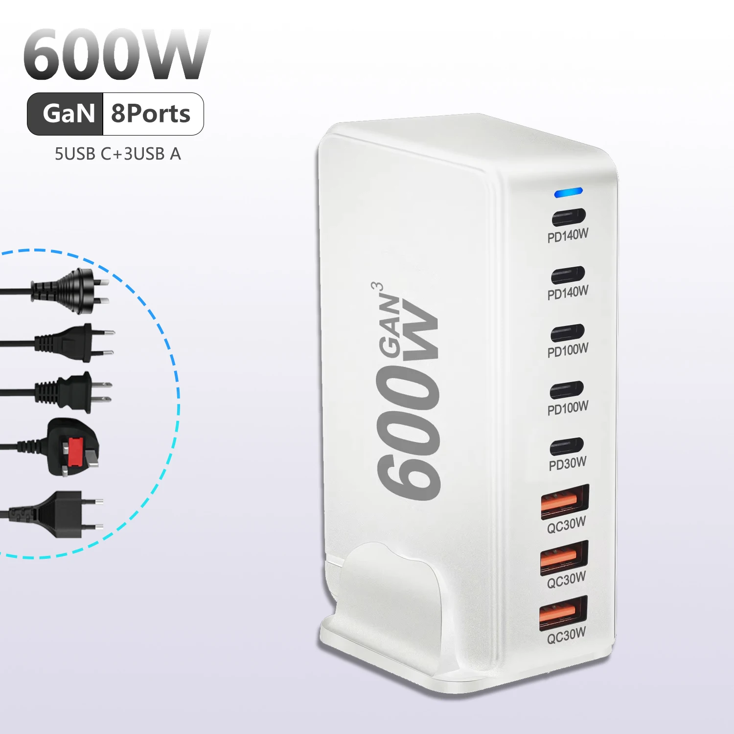 600 W 充電ハブ ホワイト 3USB-A、5 USB-C、PPS PD 140 W デスクトップ充電ステーション USB C 電源マルチポート GaN 充電器