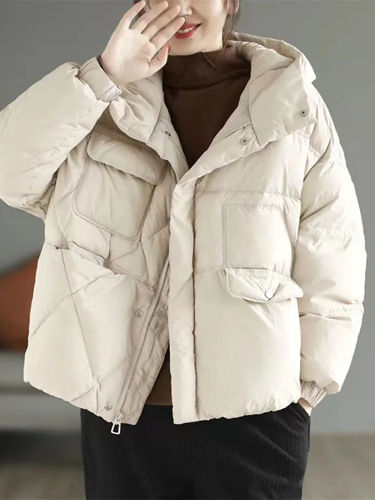 Women 90% White Duck Down Jacket Hooded Loose Oversized Puffer Coat Autumn Winter Warm Short Female Feather Parkas