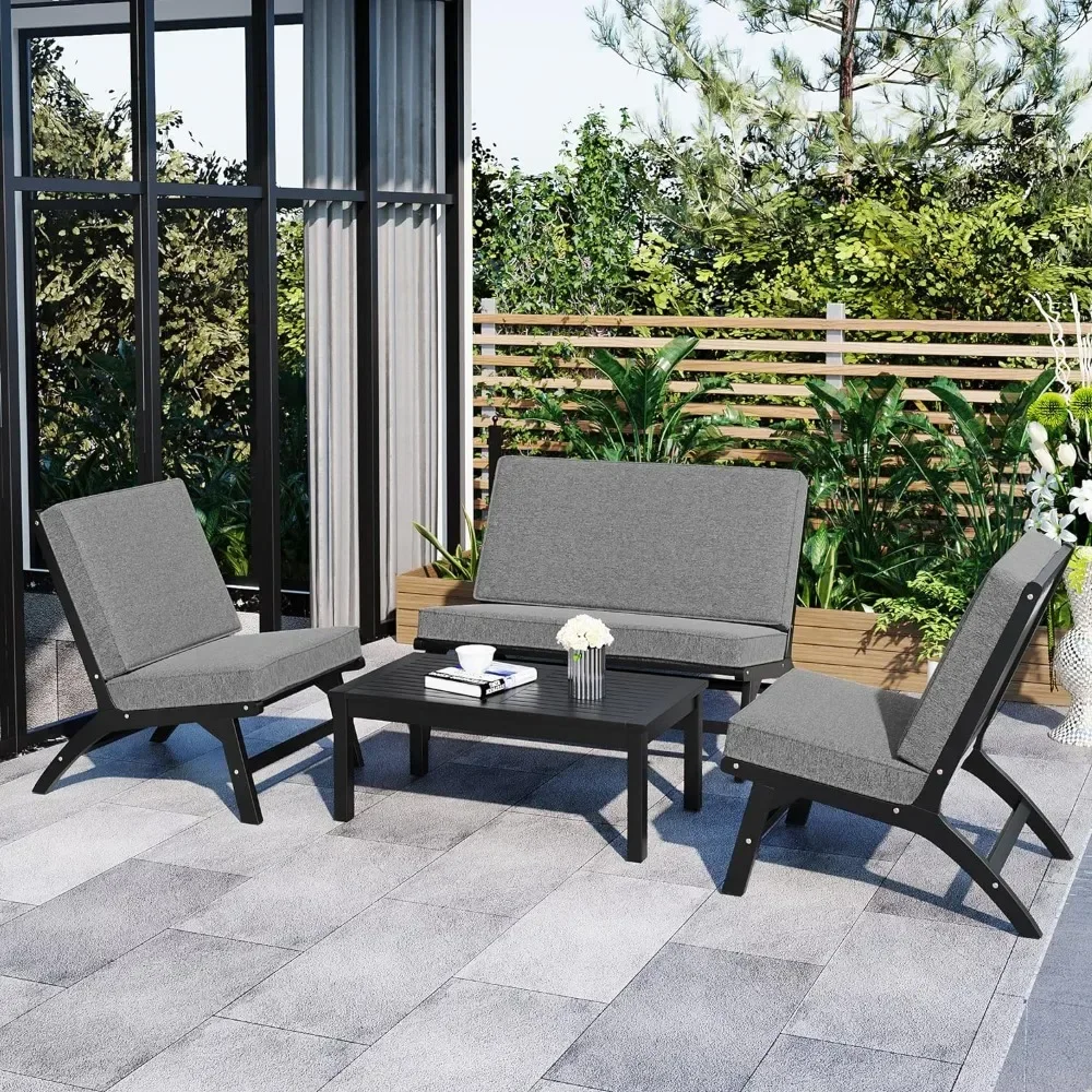 

Acacia Solid Wood Sofa Garden Furniture V-Shaped Outdoor Table Set Black&Gray Dinning Tables Sets Grey- 4 Pieces Sets Backyard