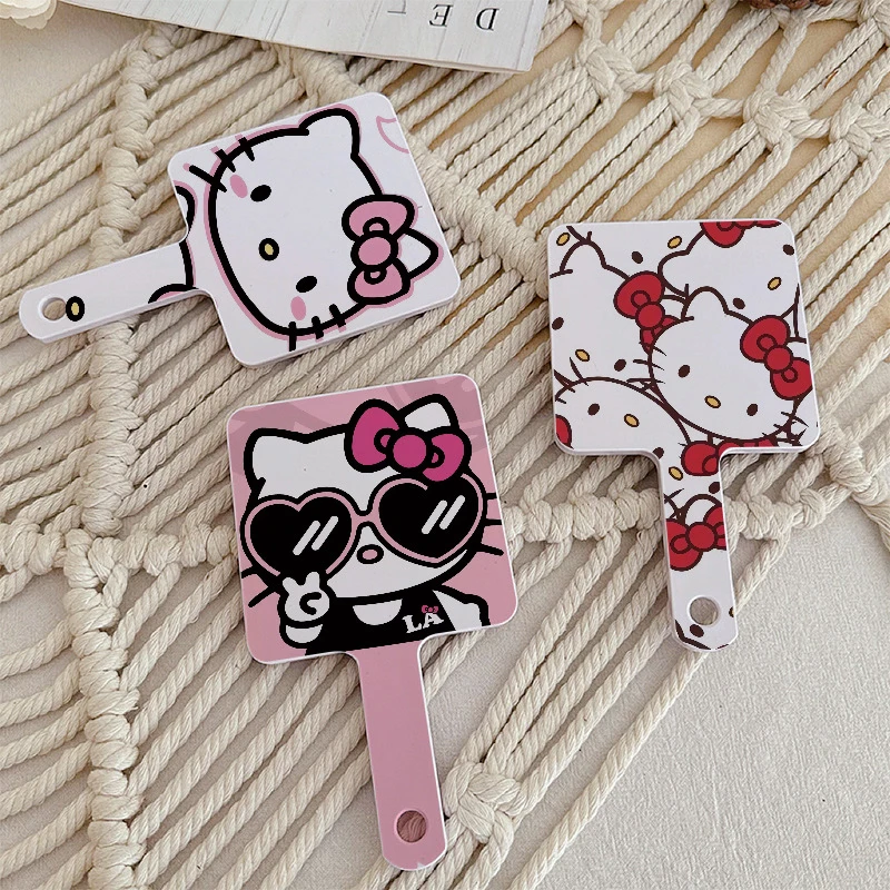 Kawaii Sanrio Anime Handle Mirror Cute Hello Kitty Cartoon High-Looking Portable Mirror Clearness Makeup Mirro Gifts for Girls