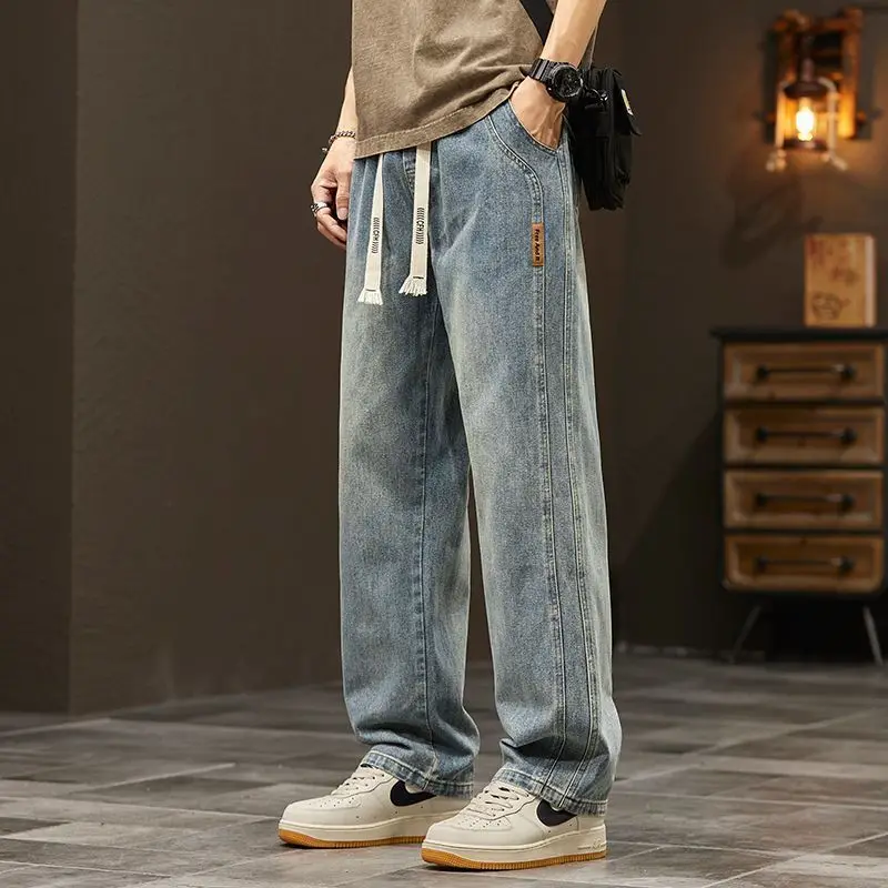 

American Vintage Men Straight Jeans Trendy Versatile Loose Summer Thin Elastic Waist Pockets Drawstring Casual Wide Leg Pants