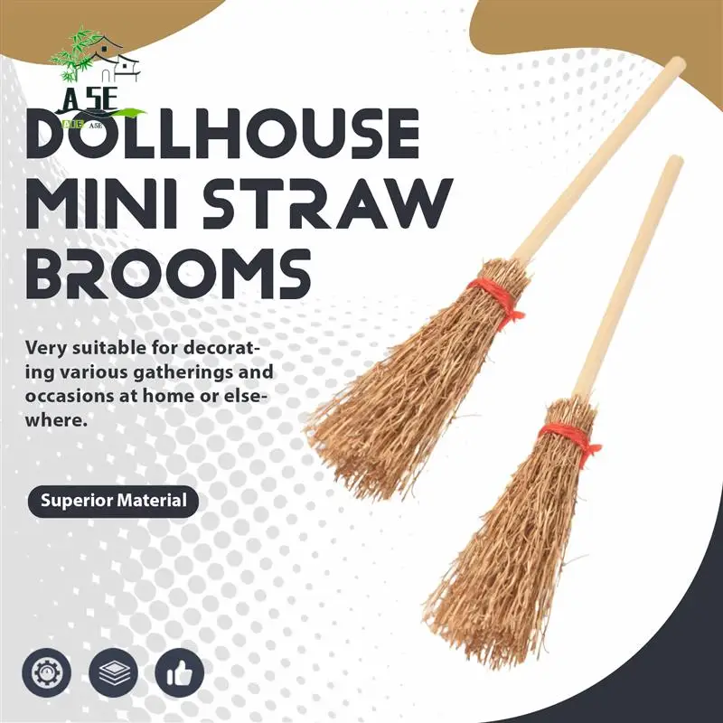 

A05E-20Pcs Miniature Artificial Mini Straw Brooms With Red Ropes Halloween Straw Dollhouse Decoration Witches Party Decor Toy