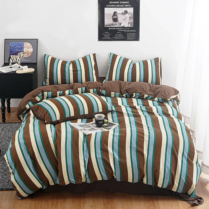 Retro Striped Bedding Set Mid-Century Vintage Duvet Cover Set Soft Flat Sheet Single Size Double Bed Sheet Set For Bedroom