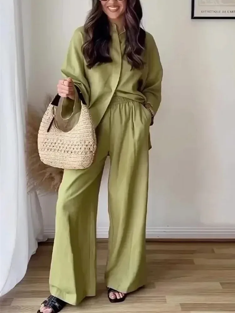 TRAF 2024 Women Pants Sets Oversize Casual Shirt Fashion Linen Set Woman Two Pieces Wide Leg Baggy Pants Suit Summer Outfit