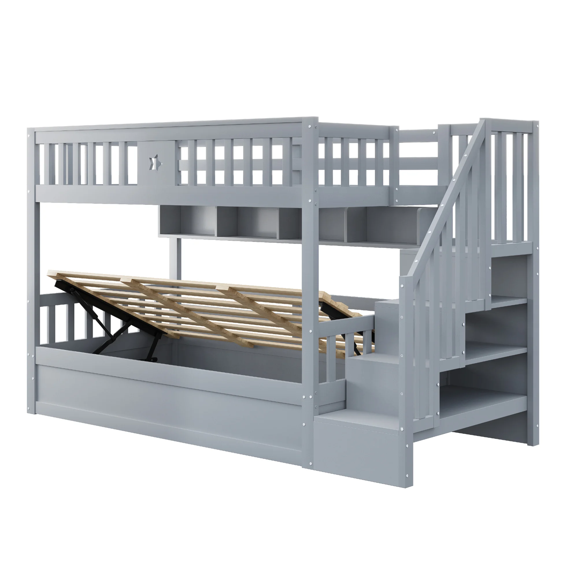 90x200 cm grijs houten hoogslaper met hydraulisch neerklapbaar bed, opbergruimte, trap en planken
