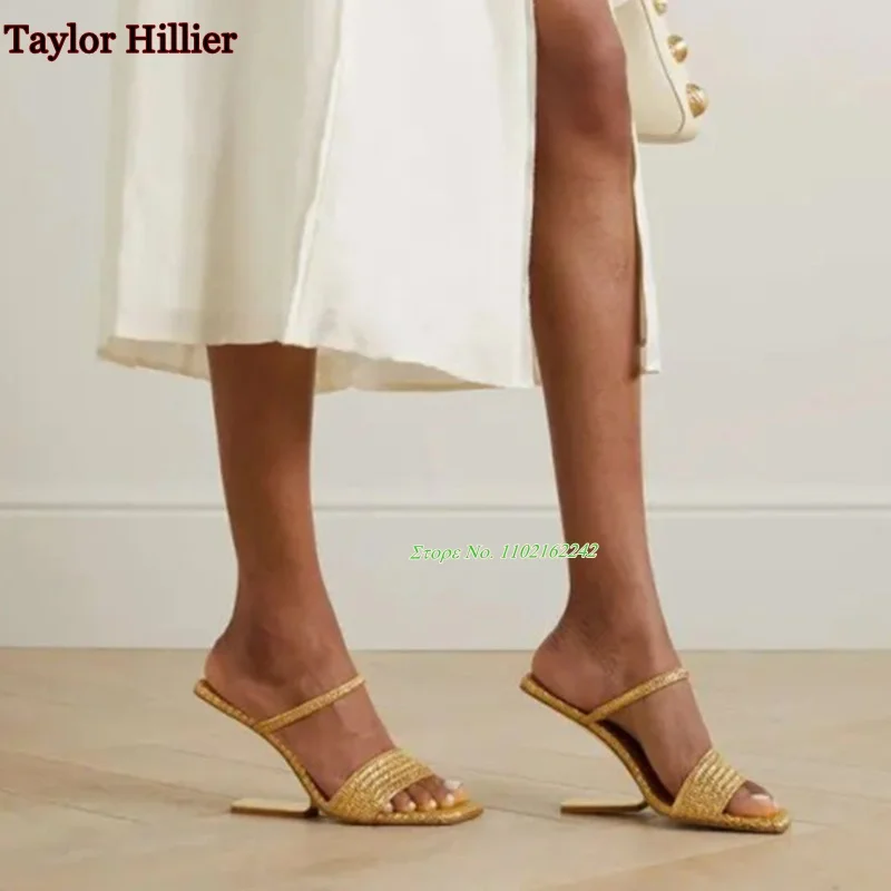 Golden Slippers For Women Summer Square Toe Open Toe Special Shaped High Heel Sandals Fashion Versatile Slippers Gladiator 41