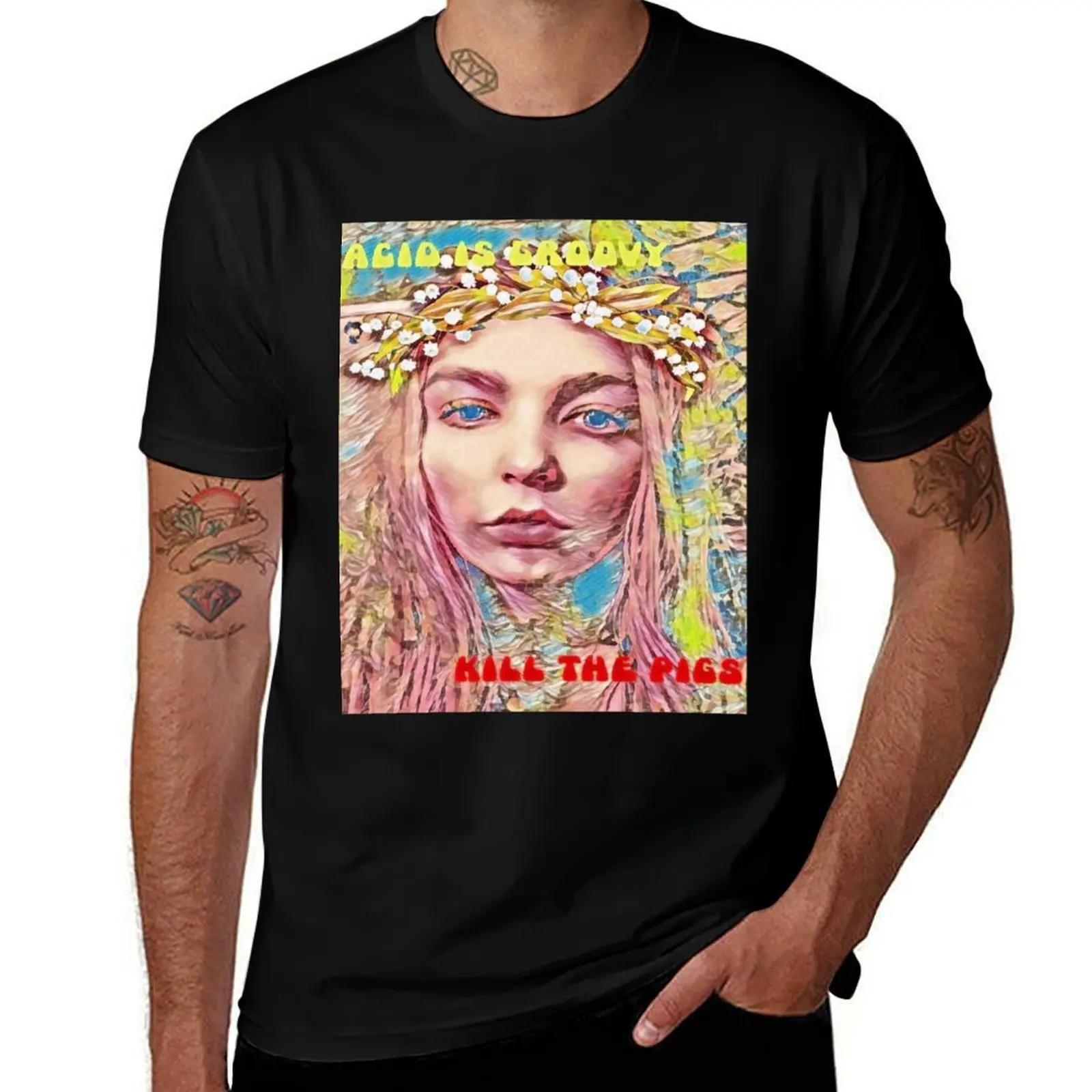 Acid is Groovy Kill the Pigs Hippie Lady T-Shirt Christmas Theme Tee Top
