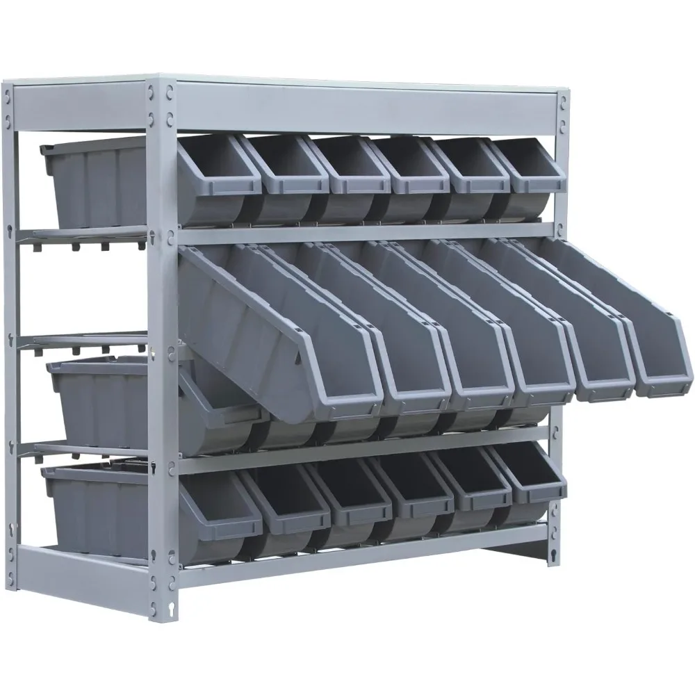 Rack Bin Rack Boltless Steel Storage System Organizer w/ 24 Plastic Bins in 4 tiers