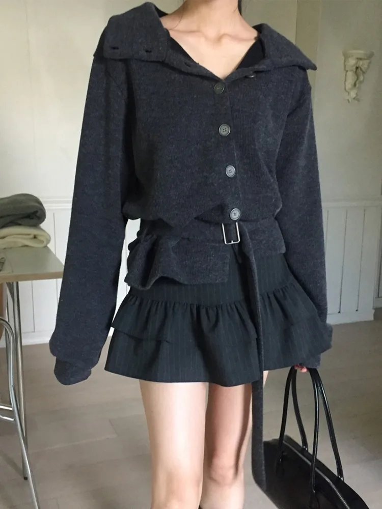 

Шикарный длинный вязаный кардиган на пуговицах с высоким воротником, свободная верхняя одежда, женская мода, корейский стиль, осенний дизайн, трендовый, с поясом...