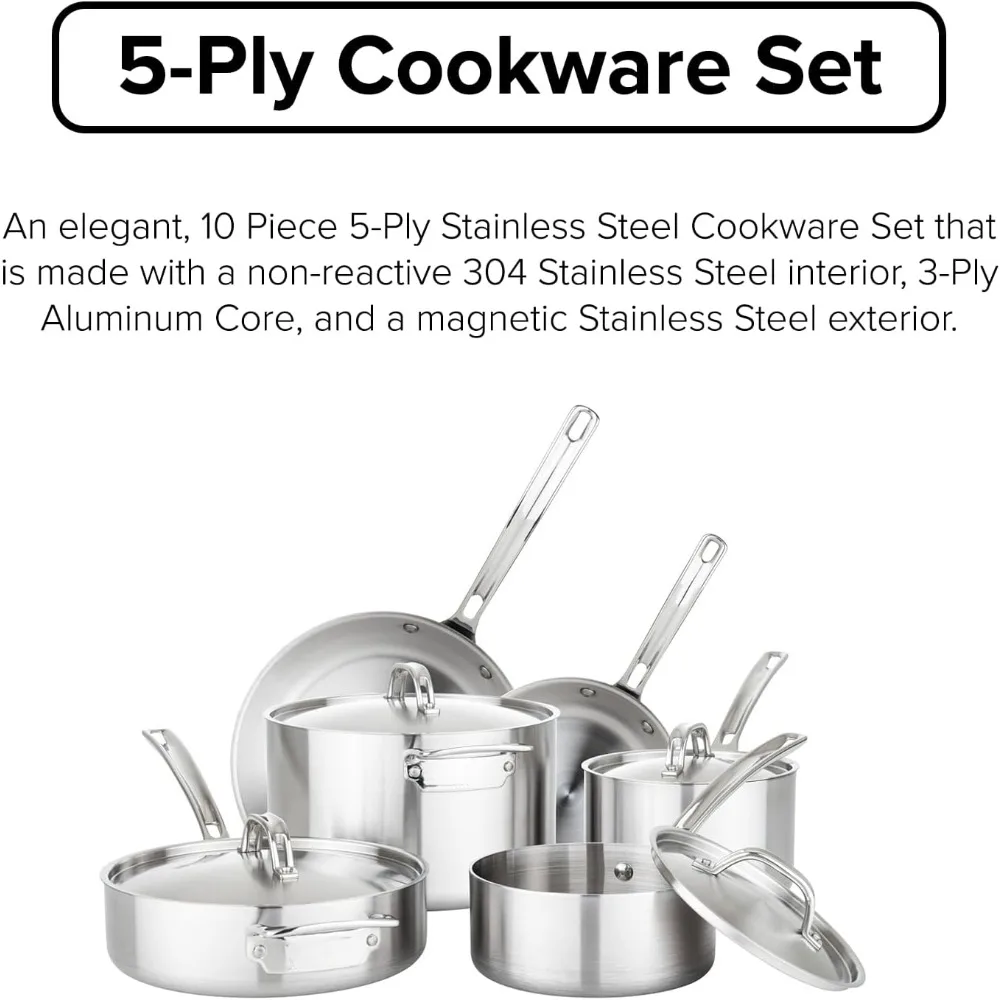 Culinary Professional 5-Ply Stainless Steel Cookware Set, 10 Piece, Dishwasher, Oven Safe, Works on All Cooktops